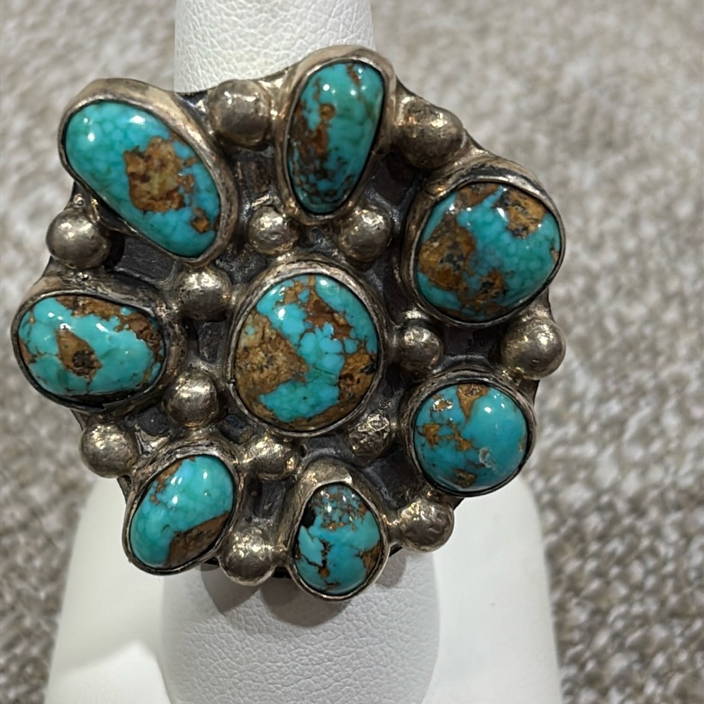 Turquoise and Sterling Silver Cluster Ring - Picture 2 of 6